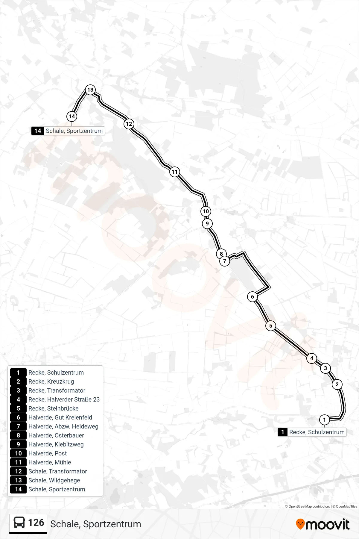 126 bus Line (Schale, Sportzentrum) route and stops on a map