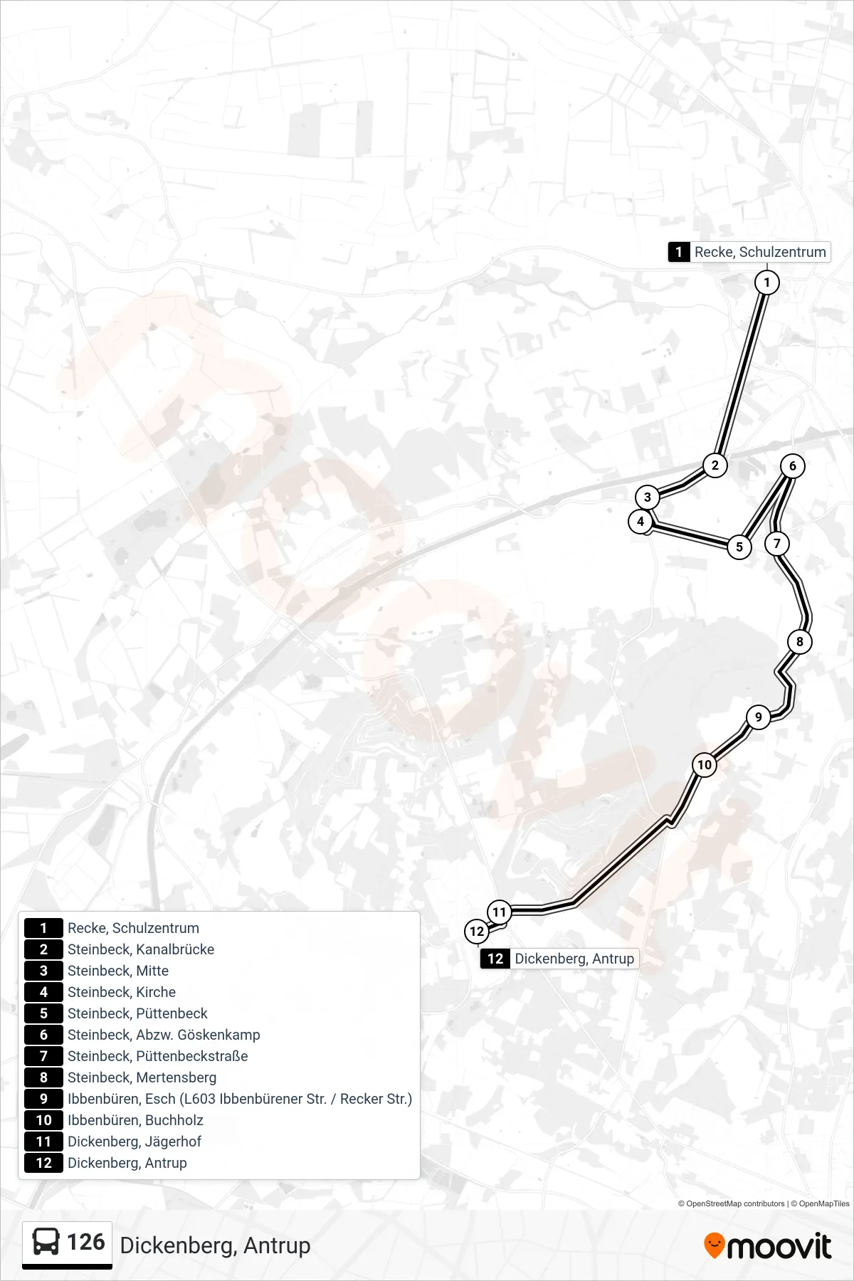 126 bus Line (Dickenberg, Antrup) route and stops on a map