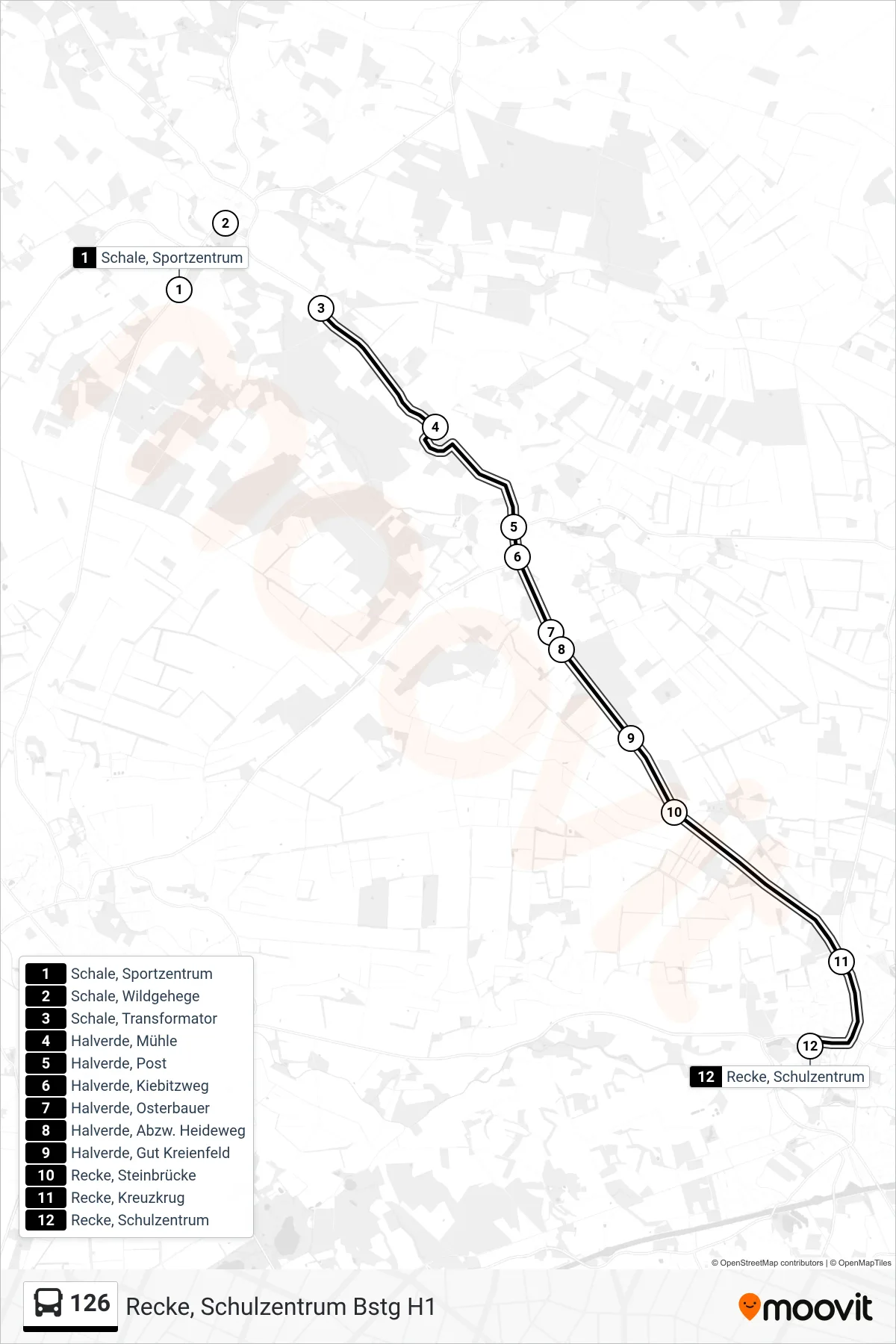 126 bus Line (Recke, Schulzentrum Bstg H1) route and stops on a map