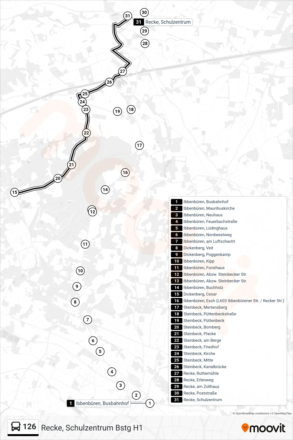 126 bus Line (Recke, Schulzentrum Bstg H1) route and stops on a map