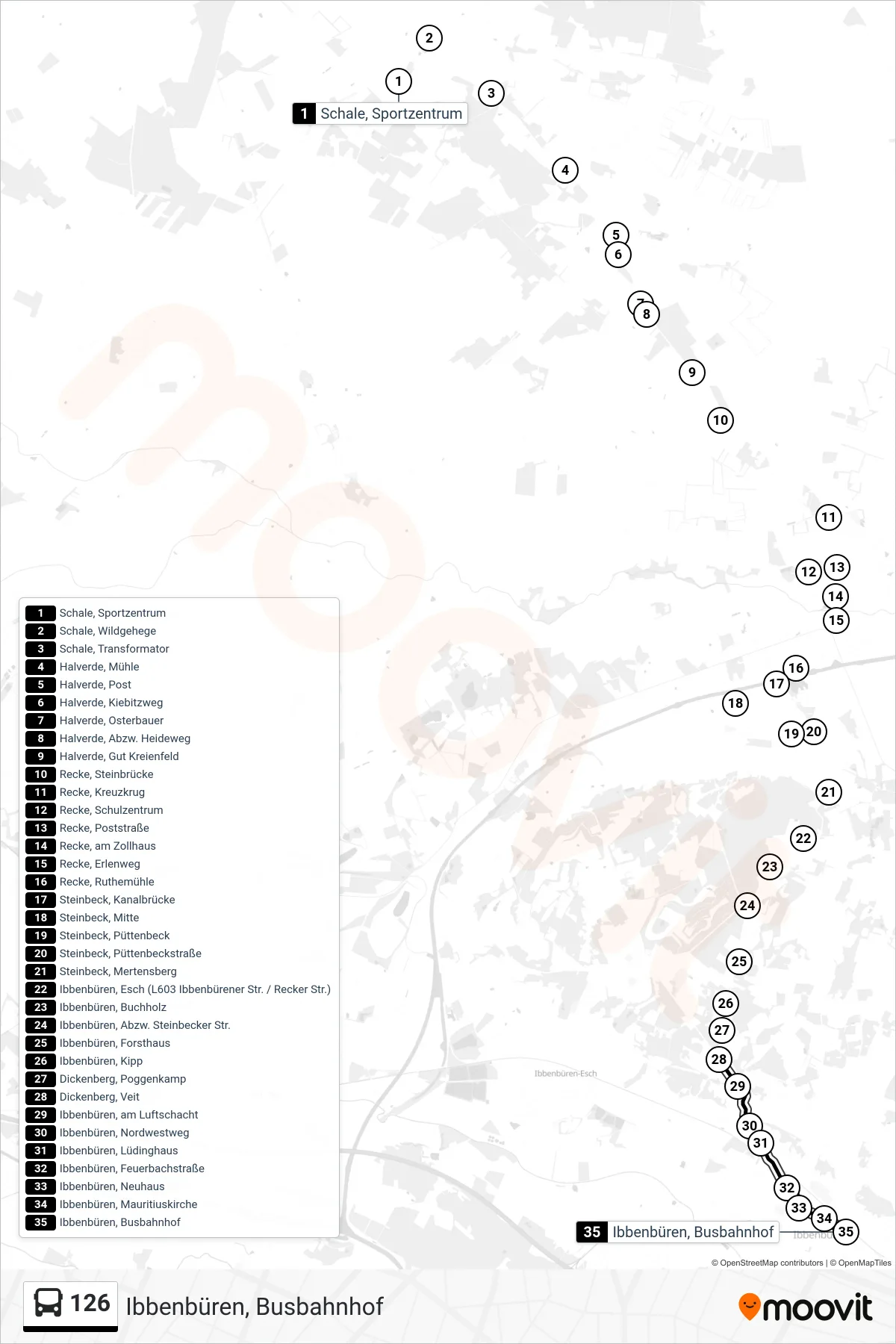 126 bus Line (Ibbenbüren, Busbahnhof) route and stops on a map