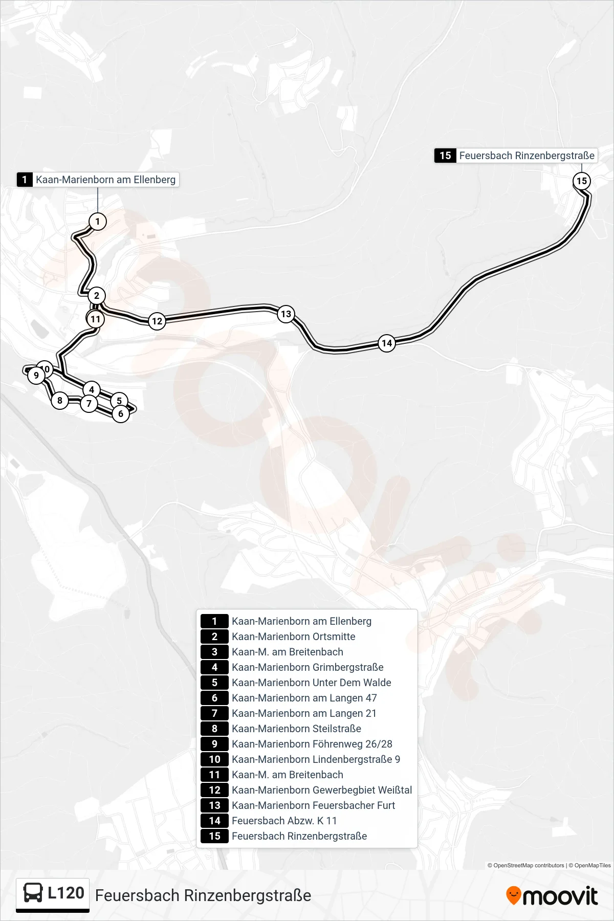 L120 bus Line (Feuersbach Rinzenbergstraße) route and stops on a map