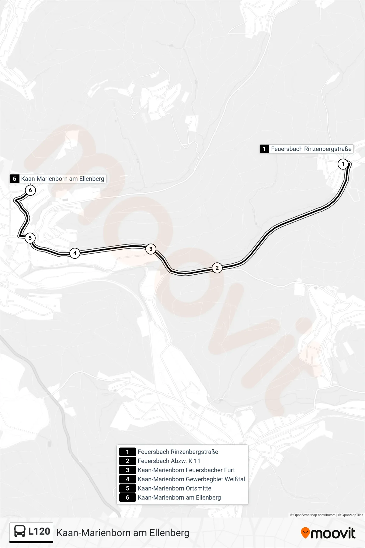 L120 bus Line (Kaan-Marienborn am Ellenberg) route and stops on a map
