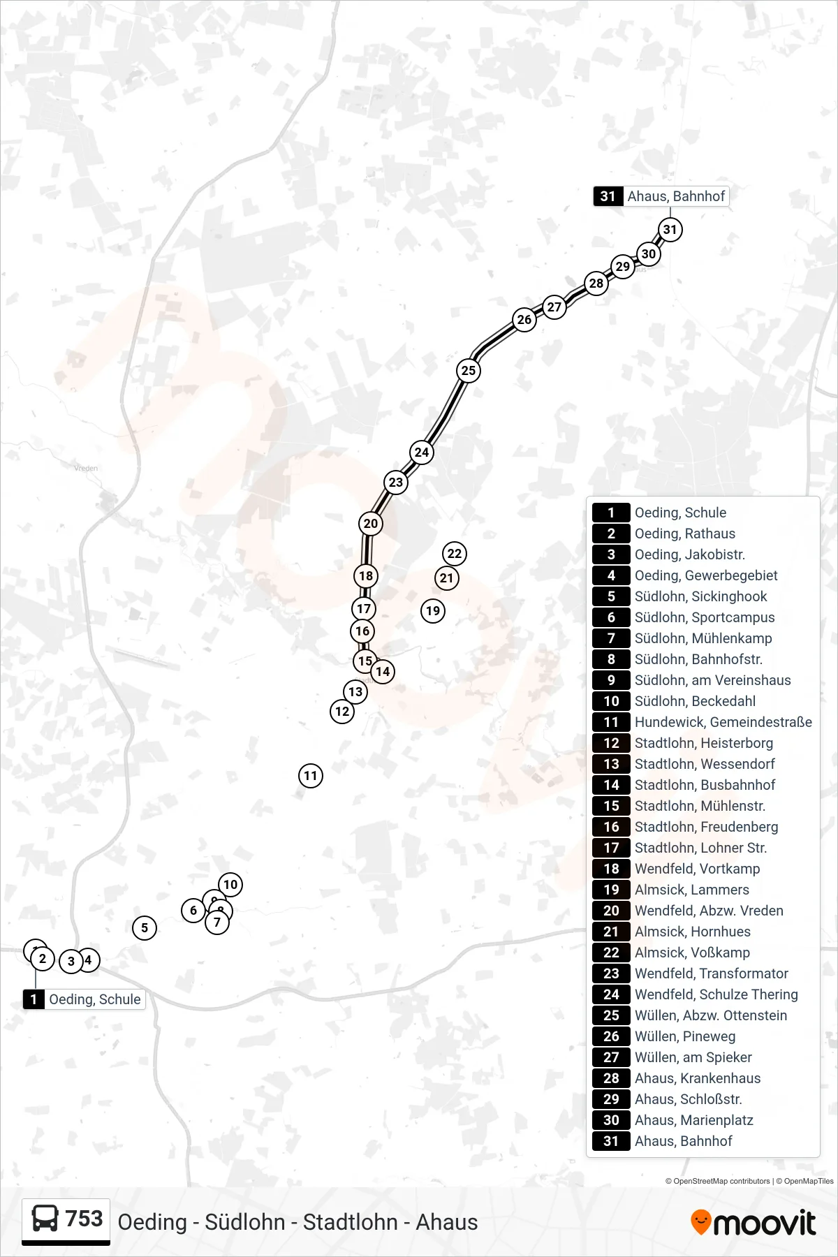 753 bus Line (Ahaus, Bahnhof Bstg C2) route and stops on a map