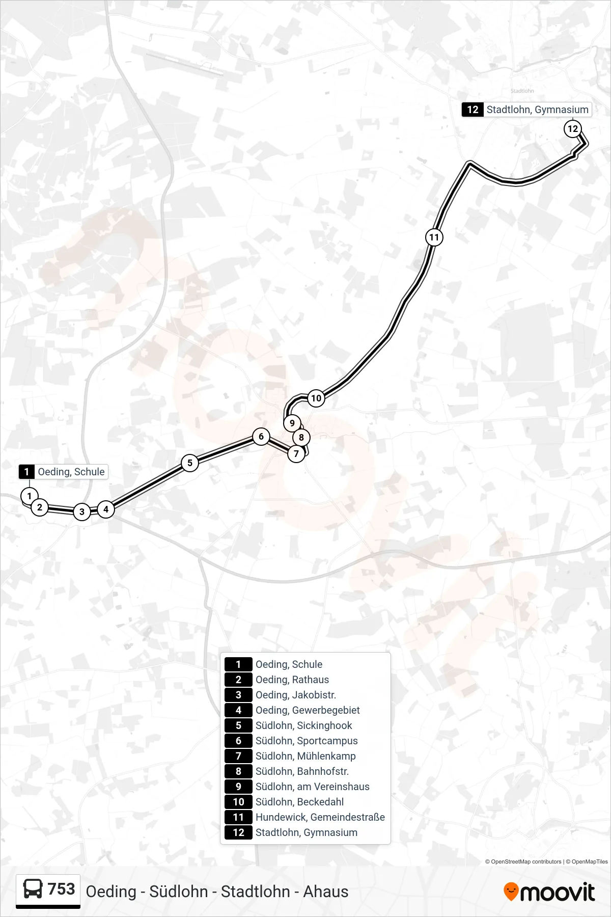 753 bus Line (Stadtlohn, Gymnasium) route and stops on a map