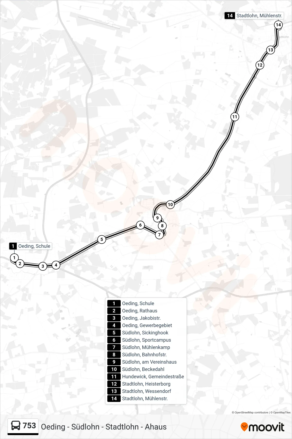 753 bus Line (Stadtlohn, Mühlenstr.) route and stops on a map