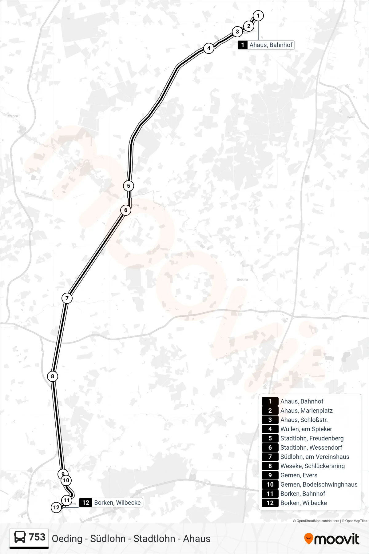 753 bus Line (Borken, Wilbecke) route and stops on a map