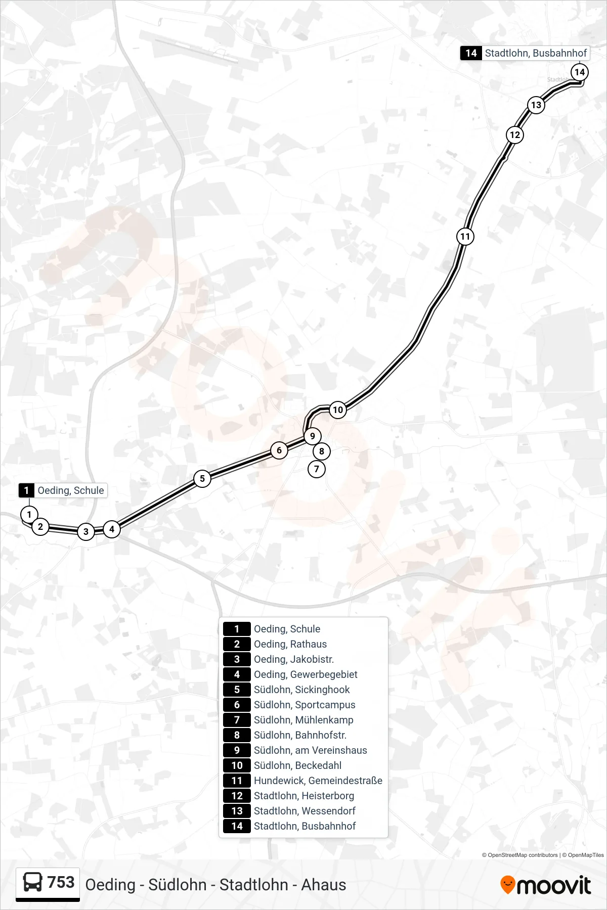 Linie 753 (Bus) Richtung Stadtlohn, Busbahnhof Bstg B2: Route und Haltestellen auf der Karte