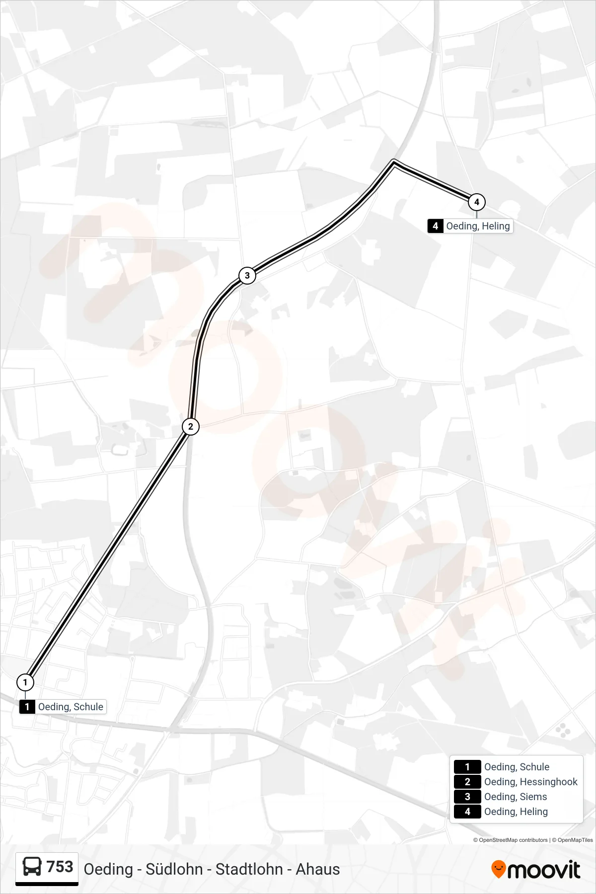 753 bus Line (Oeding, Heling) route and stops on a map