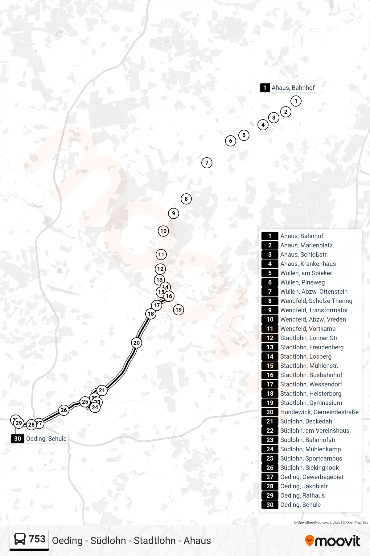 753 bus Line (Oeding, Schule) route and stops on a map