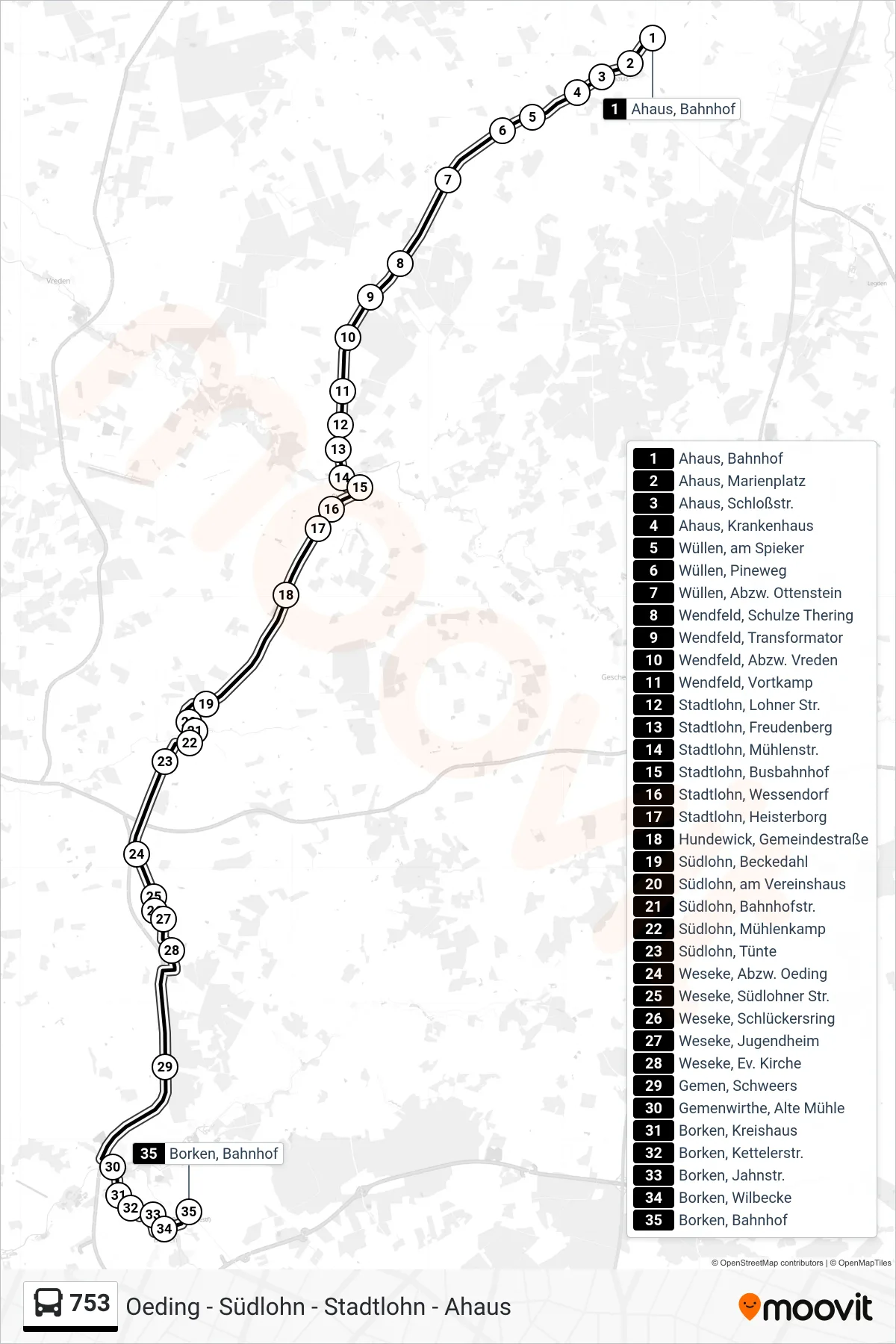 753 bus Line (Borken, Bahnhof Bstg 3) route and stops on a map