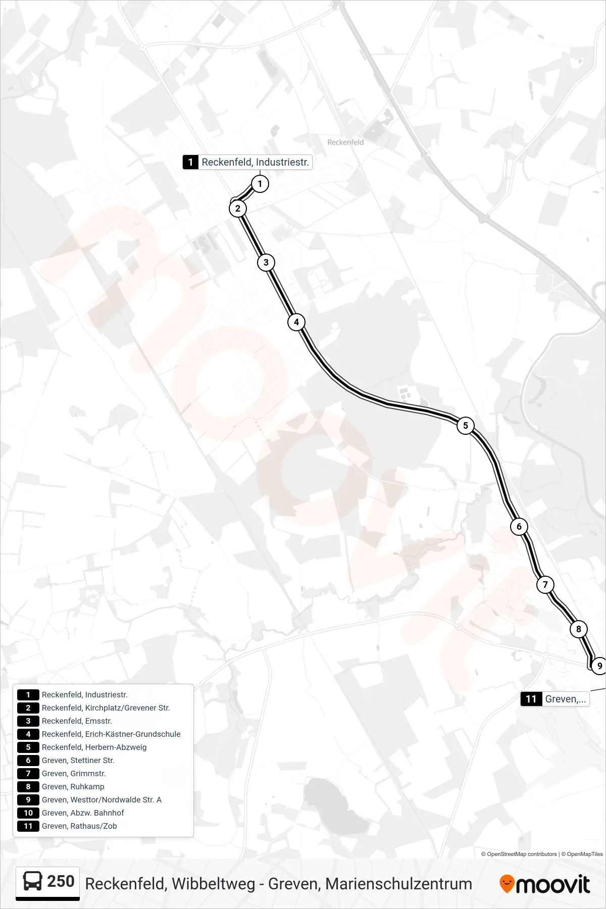 250 bus Line (Greven, Rathaus/Zob Bstg A) route and stops on a map