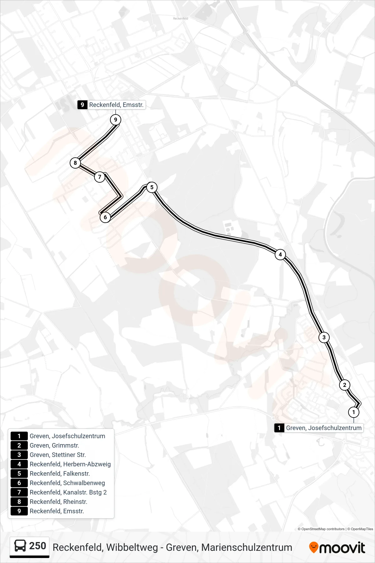 250 bus Line (Reckenfeld, Emsstr.) route and stops on a map