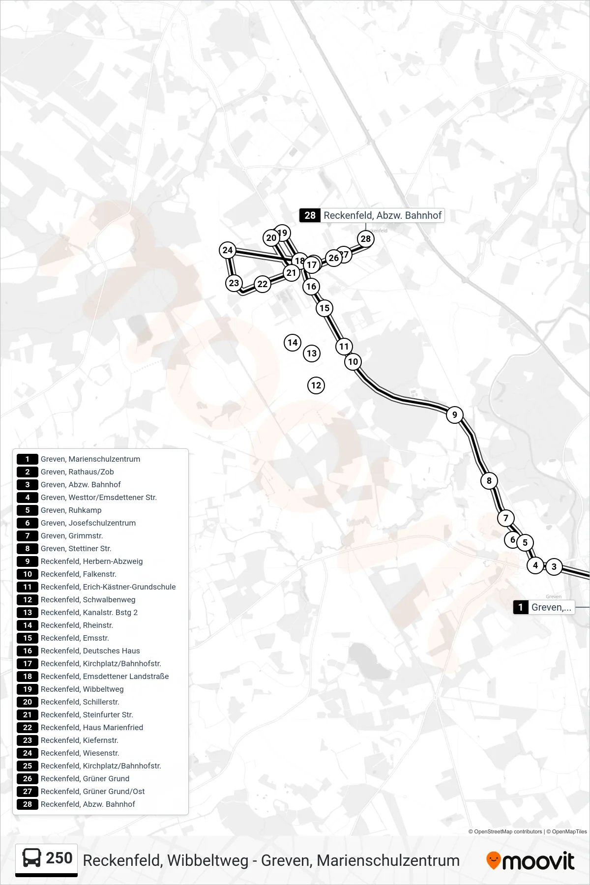 250 bus Line (Reckenfeld, Abzw. Bahnhof) route and stops on a map