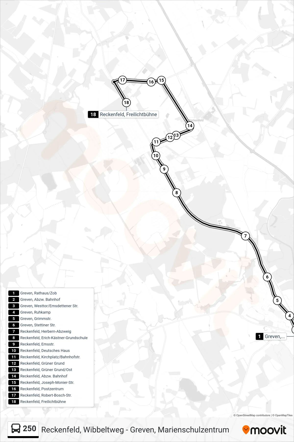 250 bus Line (Reckenfeld, Freilichtbühne) route and stops on a map