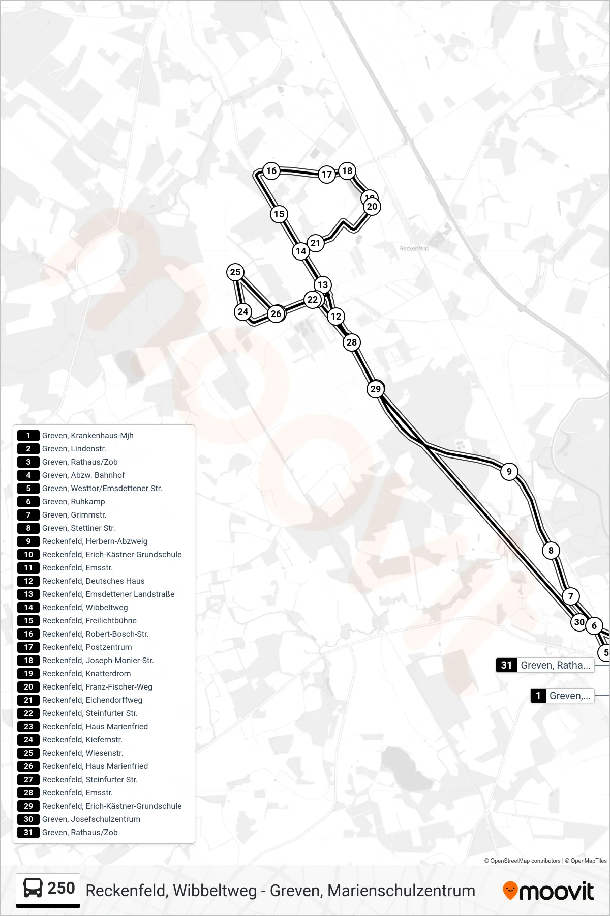 250 bus Line (Greven, Rathaus/Zob Bstg A) route and stops on a map