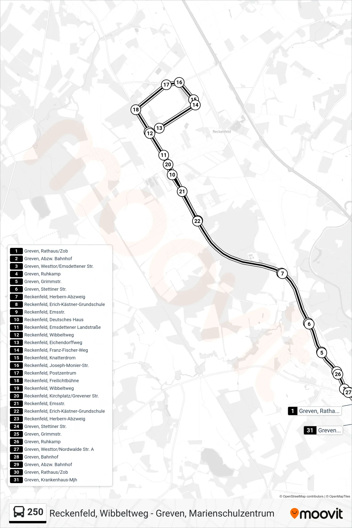 250 bus Line (Greven, Krankenhaus-Mjh) route and stops on a map