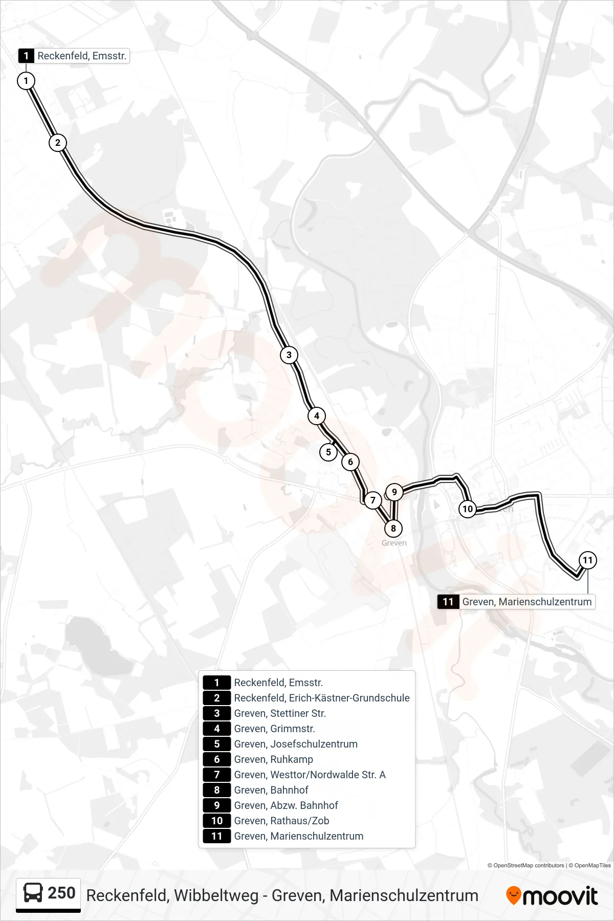 Linie 250 (Bus) Richtung Greven, Marienschulzentrum: Route und Haltestellen auf der Karte