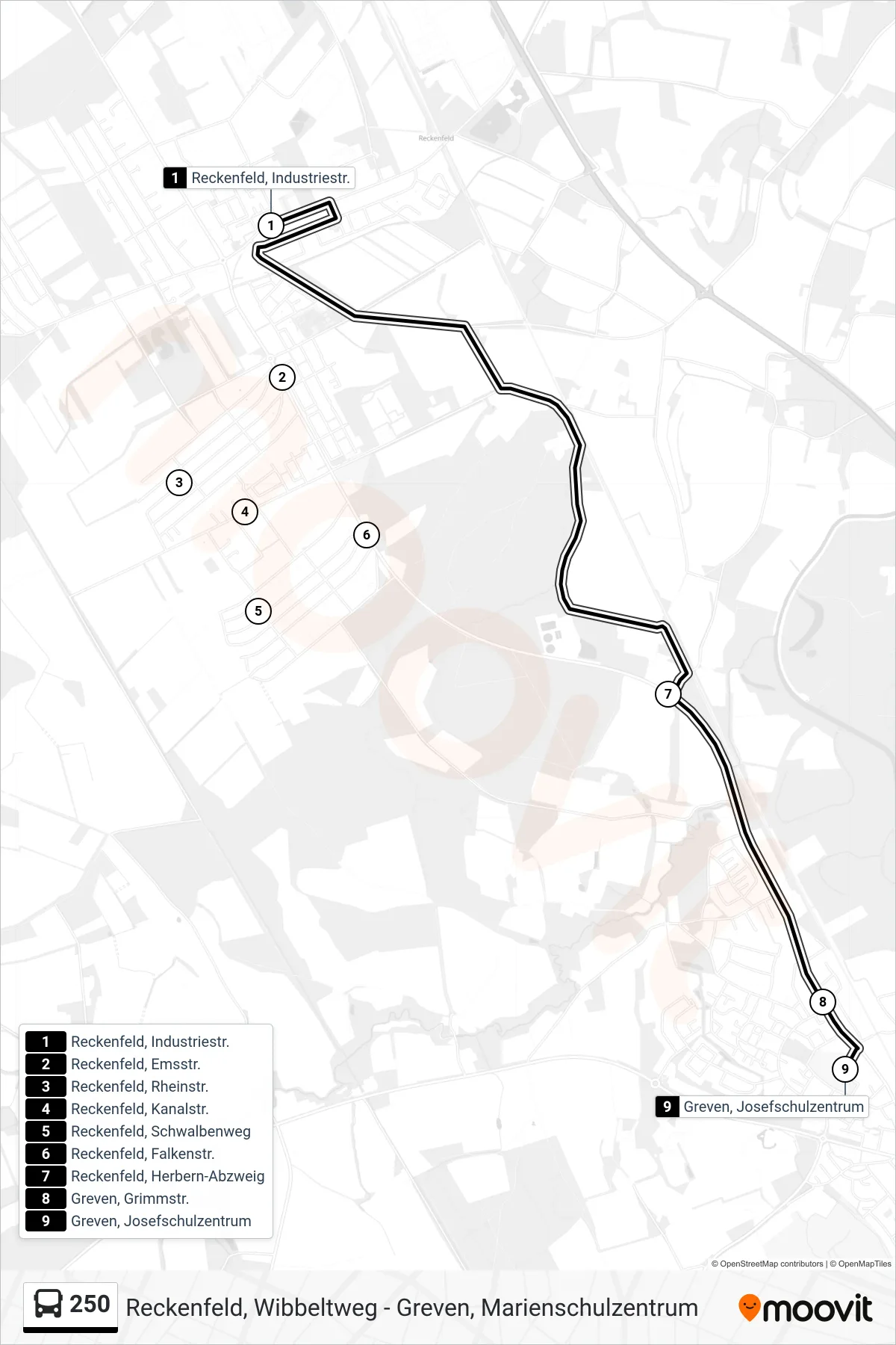 250 bus Line (Greven, Josefschulzentrum) route and stops on a map
