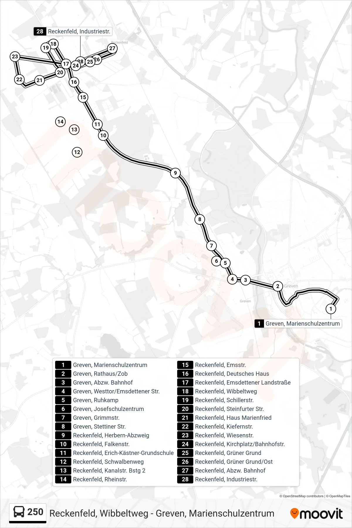 250 bus Line (Reckenfeld, Industriestr.) route and stops on a map