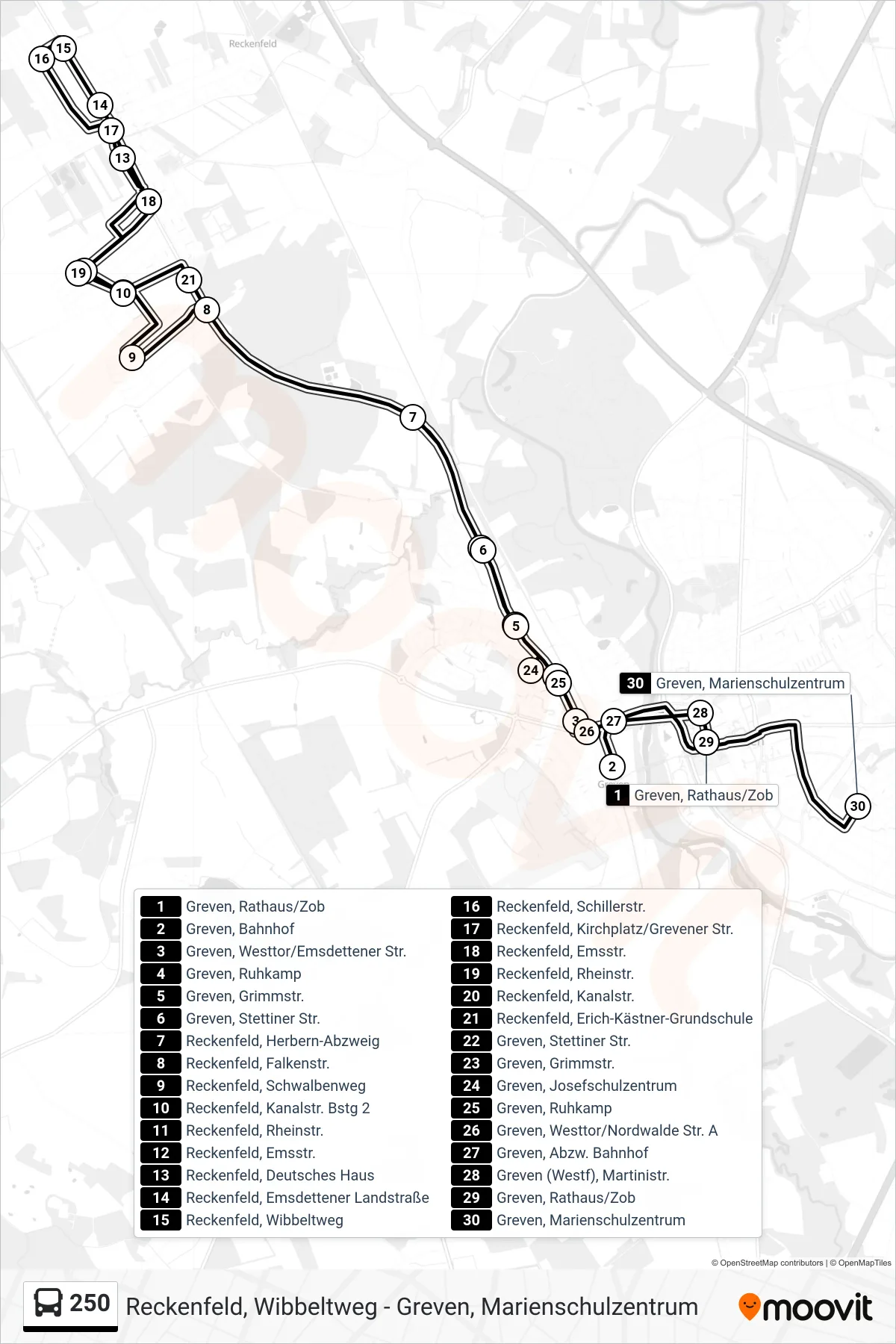 250 bus Line (Greven, Marienschulzentrum) route and stops on a map