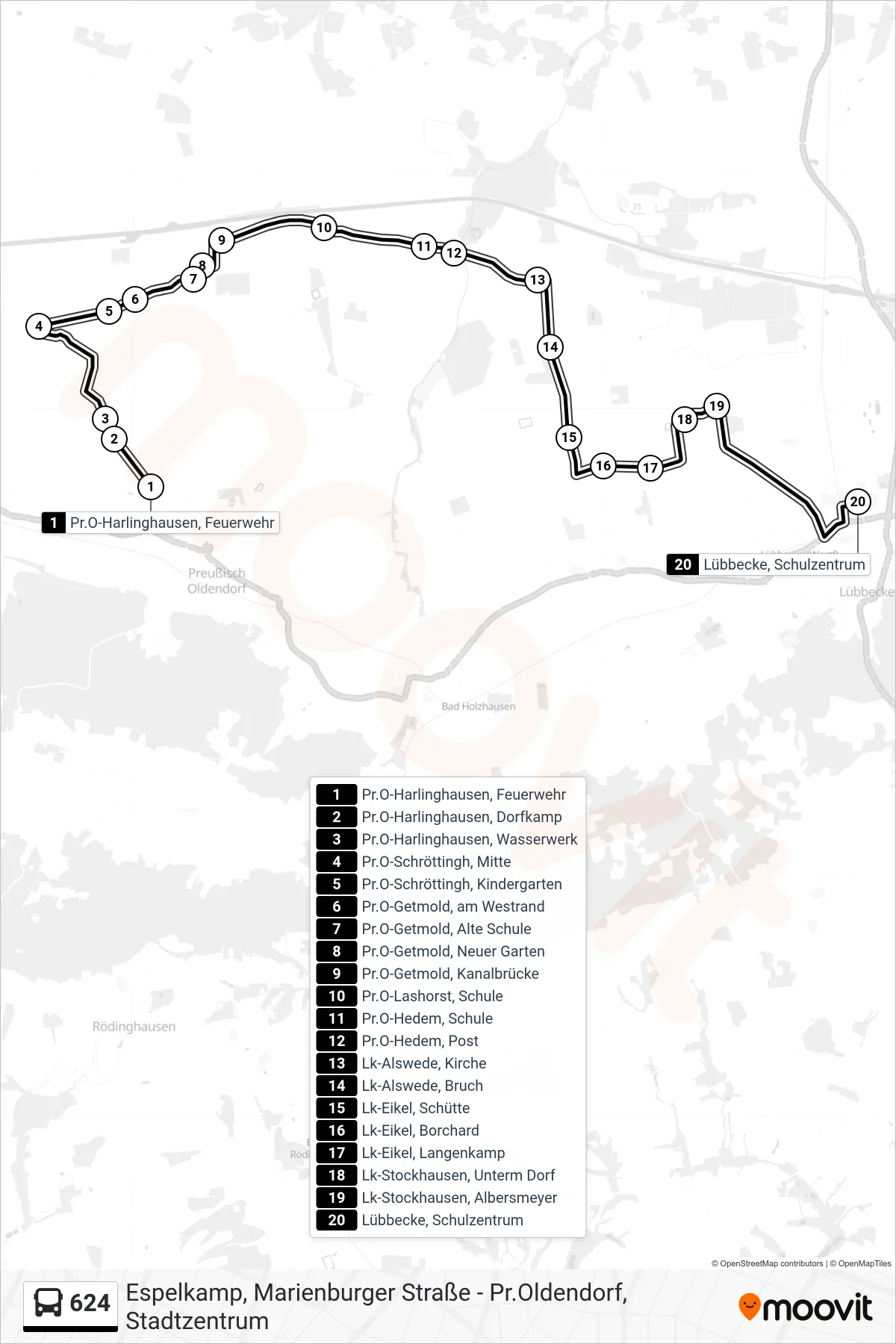 Linie 624 (Bus) Richtung Lübbecke Schulzentrum: Route und Haltestellen auf der Karte