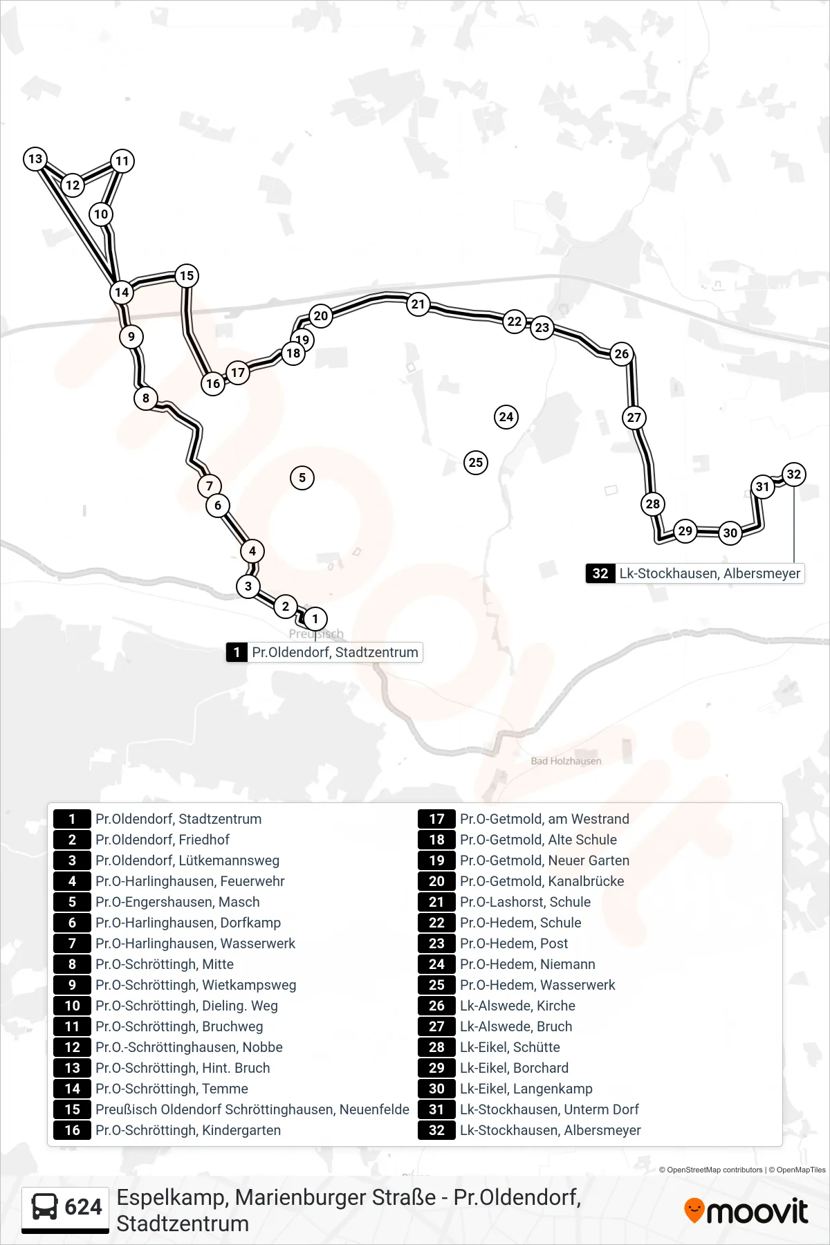 624 bus Line (Stockhausen Albersmeyer) route and stops on a map