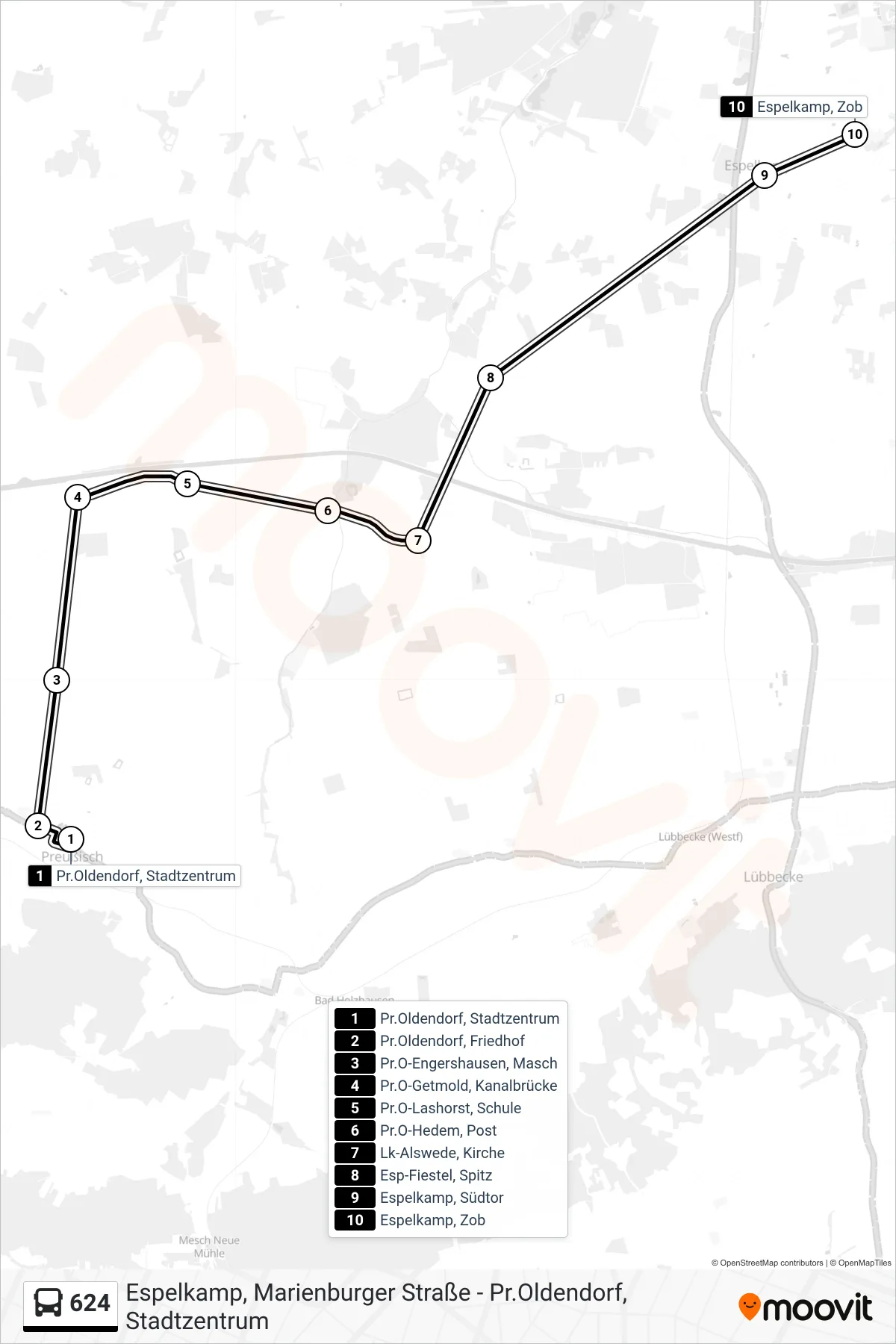 624 bus Line (Espelkamp Z O B) route and stops on a map