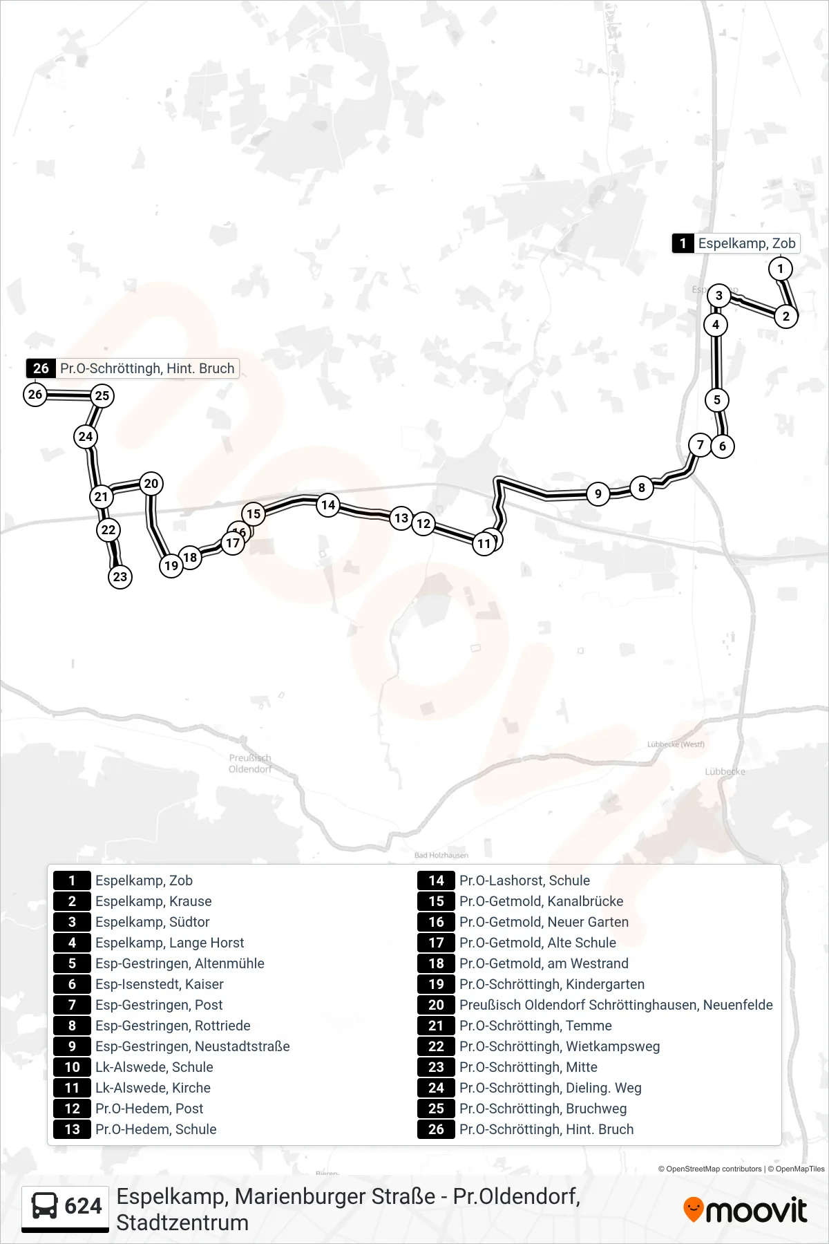 624 bus Line (Schröttinghausen Hinterm Bruch) route and stops on a map