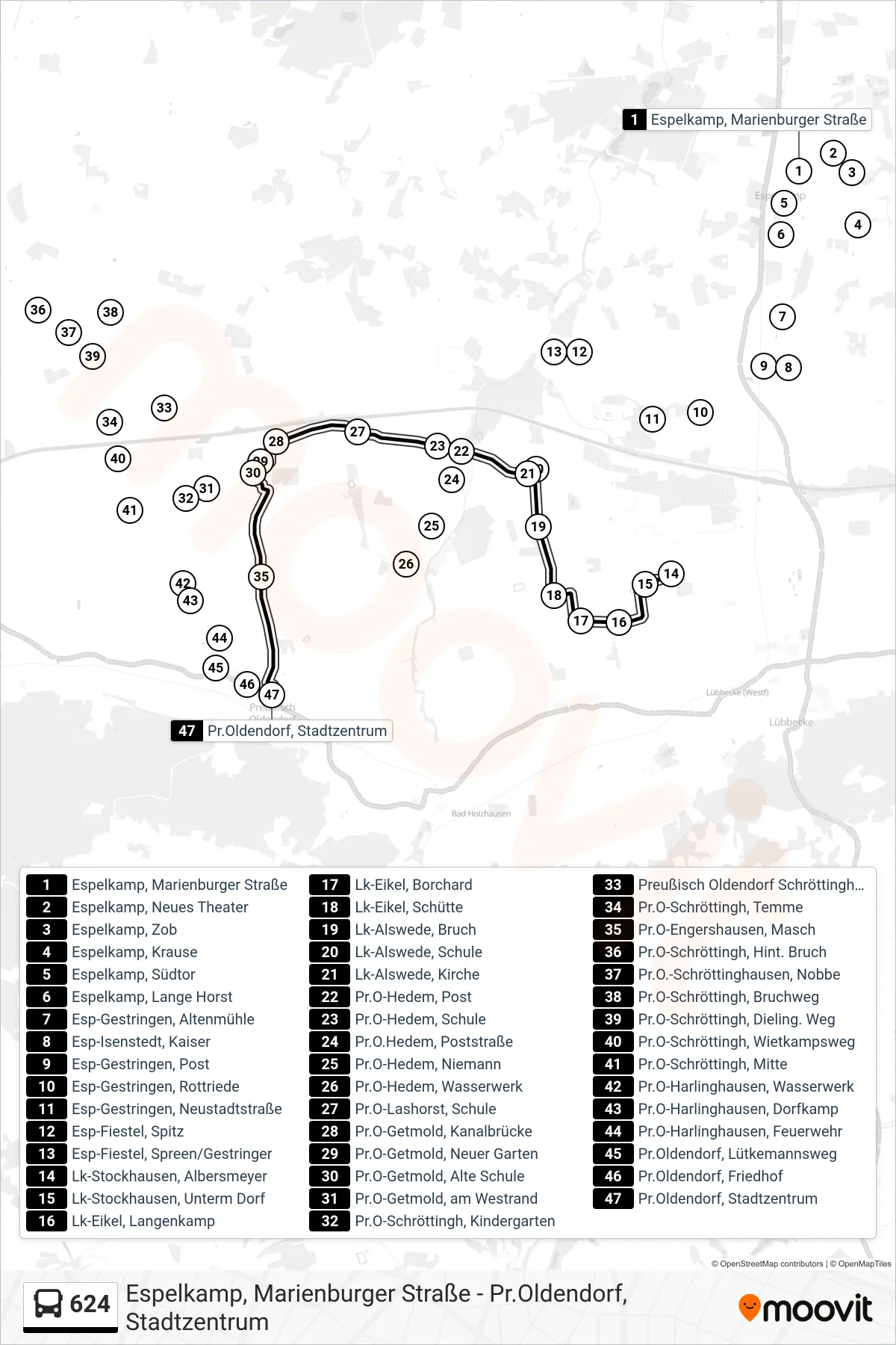 624 bus Line (Pr. Oldendorf Stadtzentrum) route and stops on a map