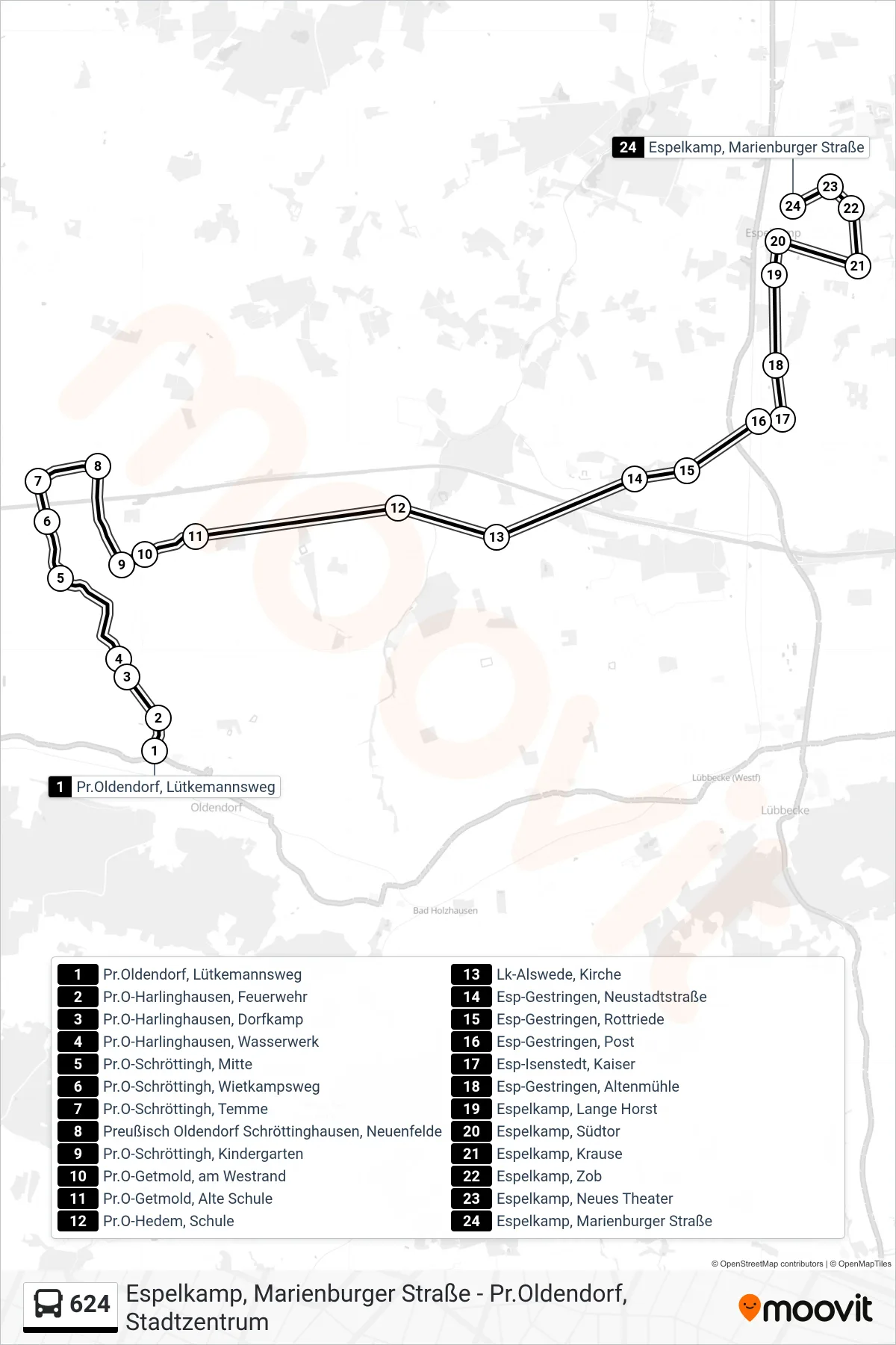 624 bus Line (Espelkamp Marienburger Str.) route and stops on a map