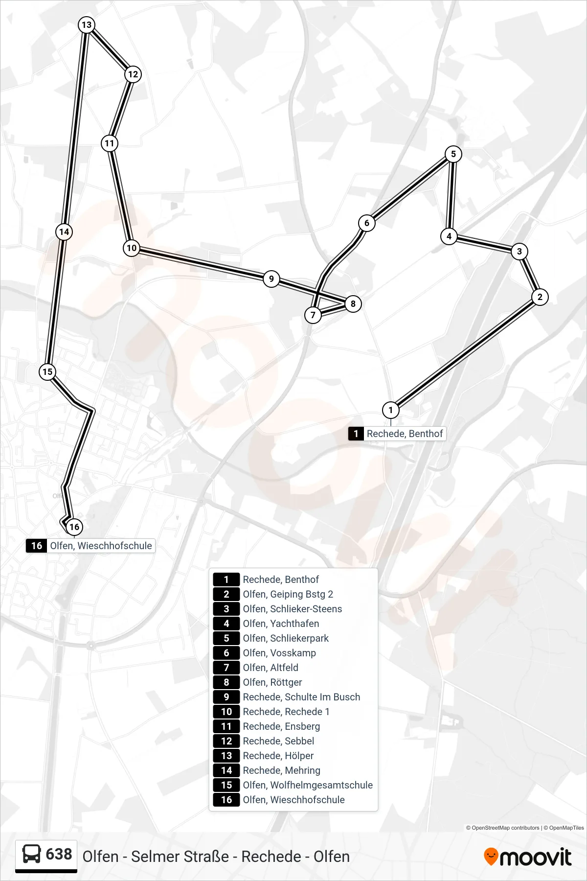 638 bus Line (Olfen, Wieschhofschule) route and stops on a map