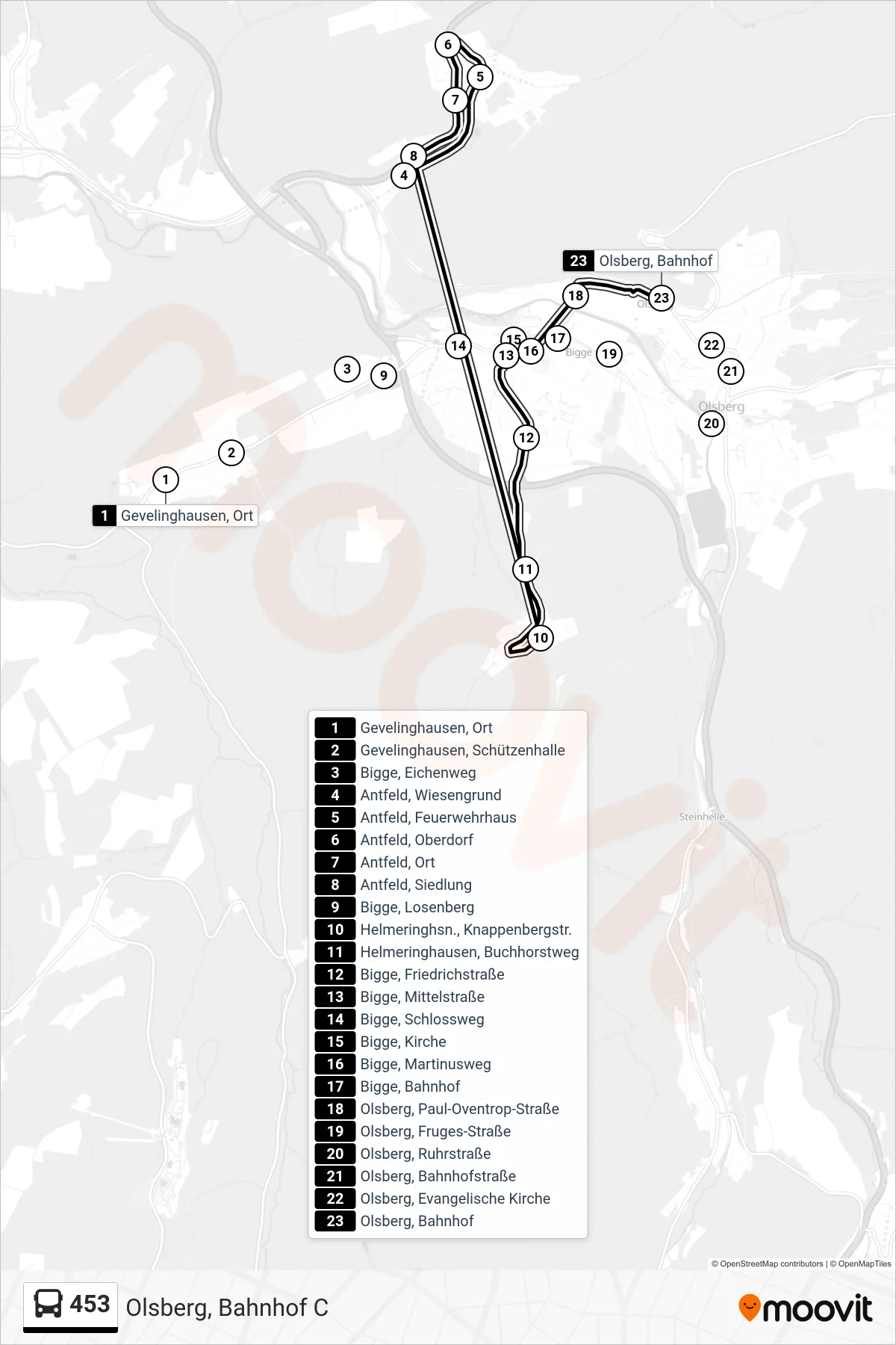 Linie 453 (Bus) Richtung Olsberg, Bahnhof C: Route und Haltestellen auf der Karte