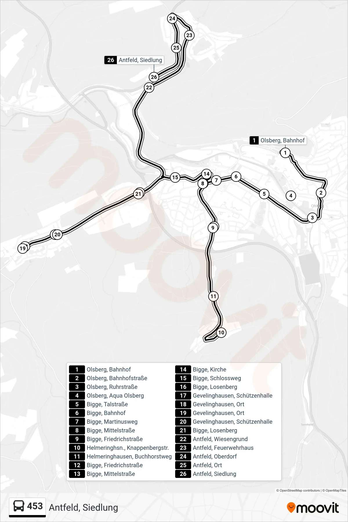 Linie 453 (Bus) Richtung Antfeld, Siedlung: Route und Haltestellen auf der Karte