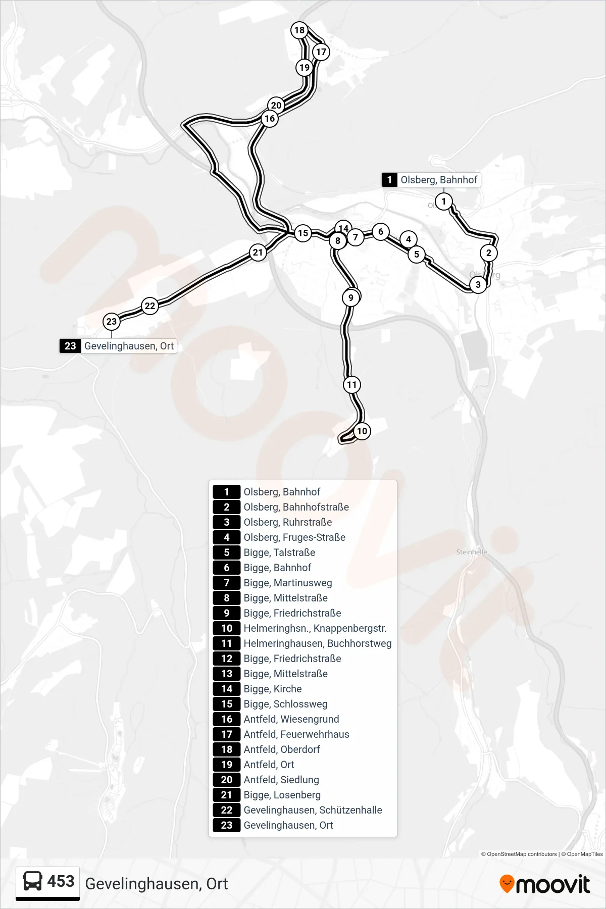 453 bus Line (Gevelinghausen, Ort) route and stops on a map