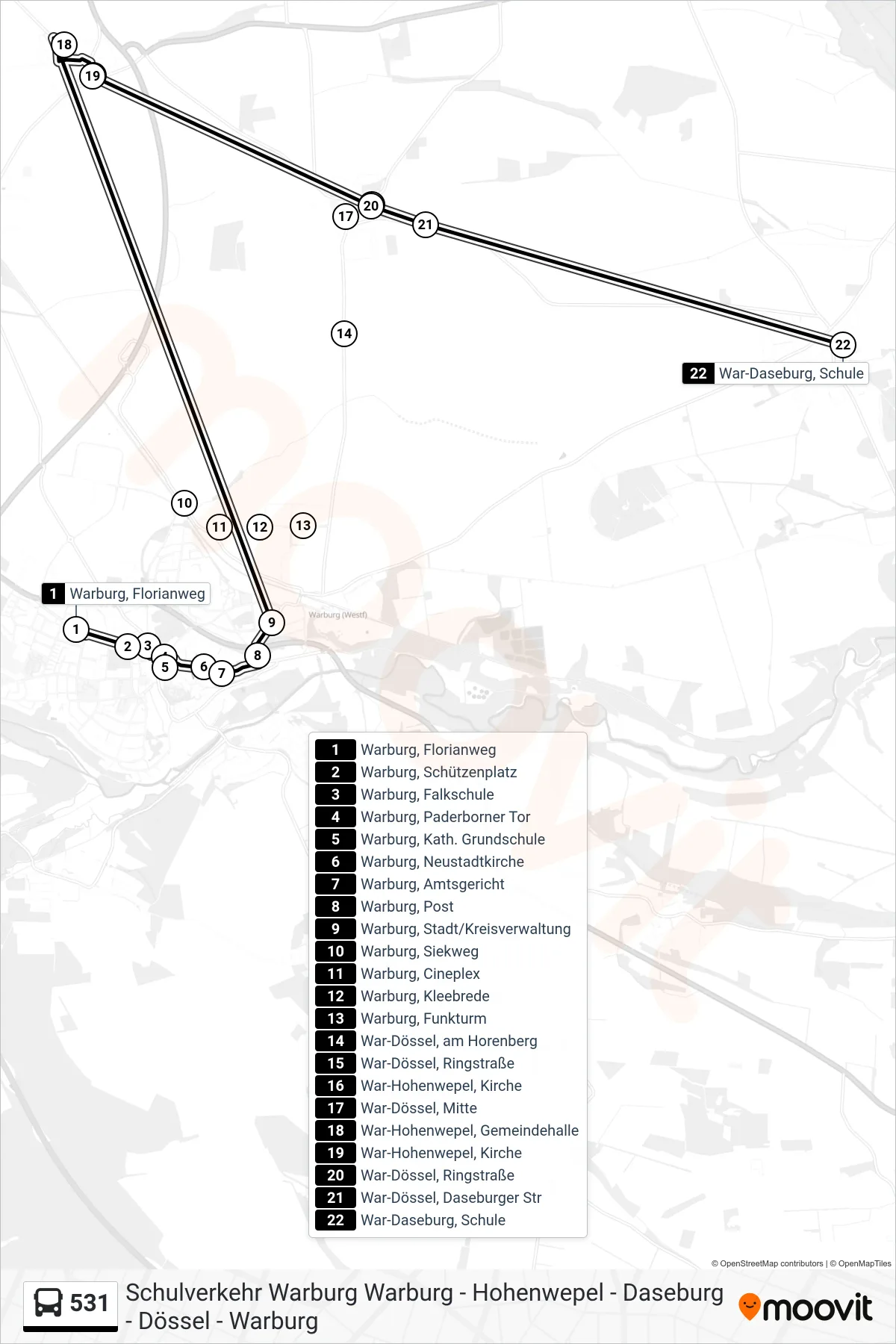 531 bus Line (War-Daseburg, Schule) route and stops on a map