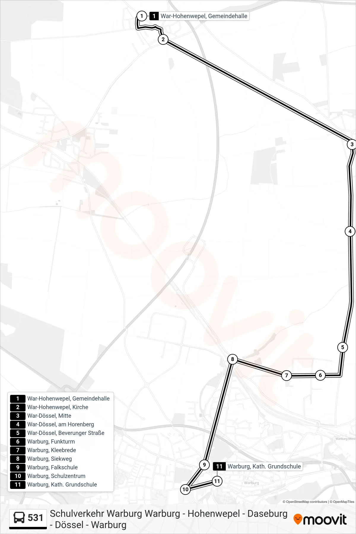 531 bus Line (Warburg, Kath. Grundschule) route and stops on a map
