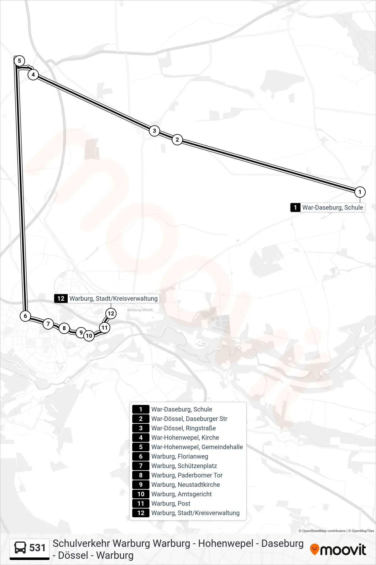 Linie 531 (Bus) Richtung Warburg, Stadt/Kreisverwaltung: Route und Haltestellen auf der Karte
