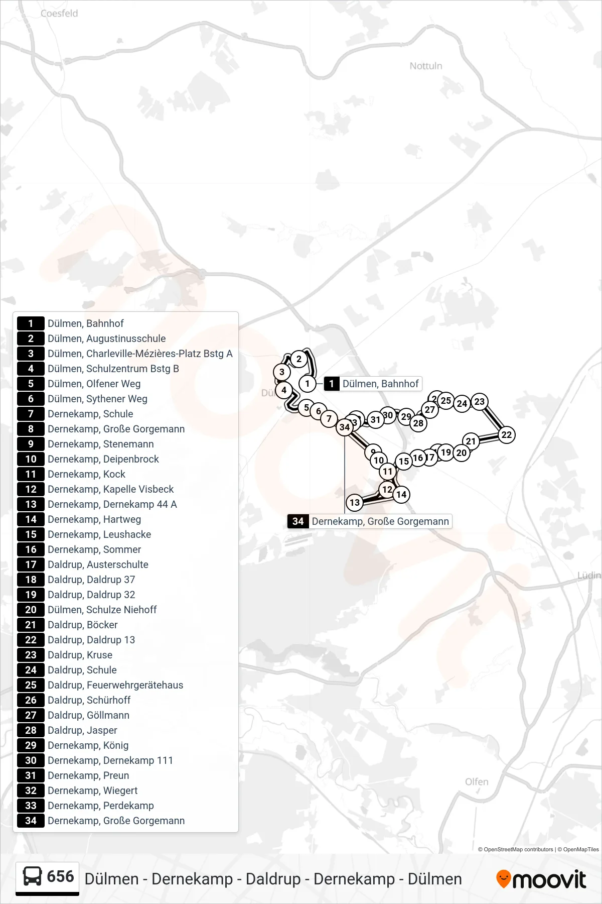 656 bus Line (Dernekamp, Große Gorgemann) route and stops on a map