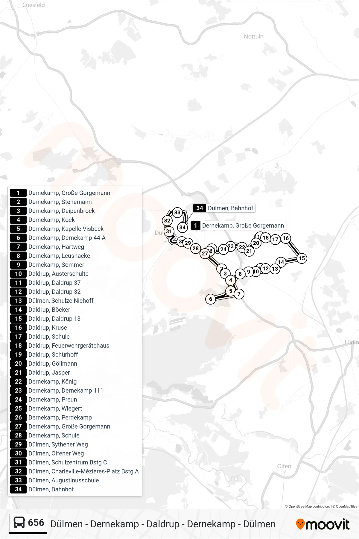 Linie 656 (Bus) Richtung Dülmen, Bahnhof: Route und Haltestellen auf der Karte