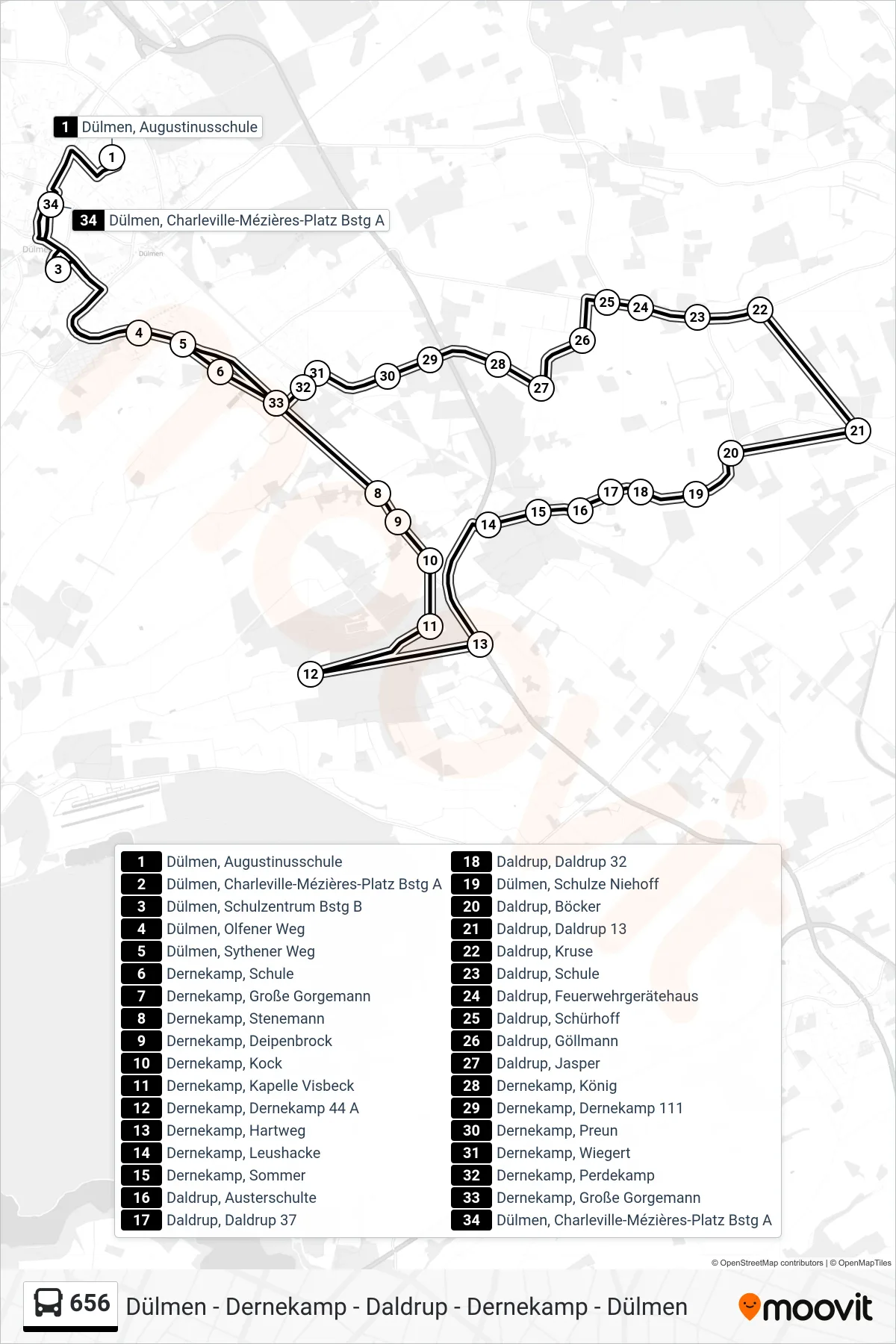 Linie 656 (Bus) Richtung Dülmen, Charleville-Mézières-Platz Bstg A: Route und Haltestellen auf der Karte