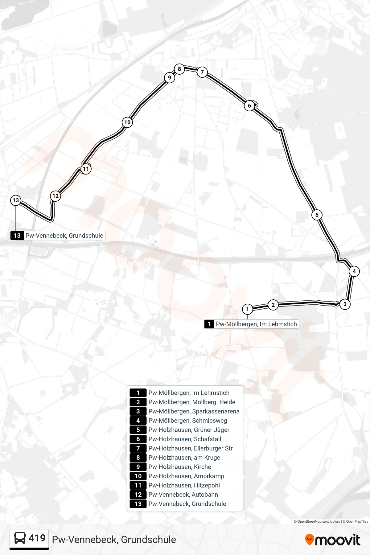 419 bus Line (Pw-Vennebeck, Grundschule) route and stops on a map