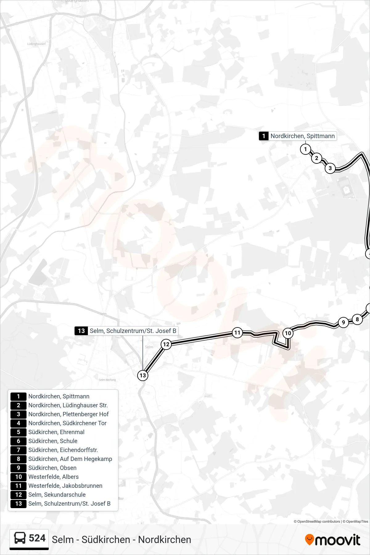 524 bus Line (Selm, Schulzentrum/St. Josef B) route and stops on a map