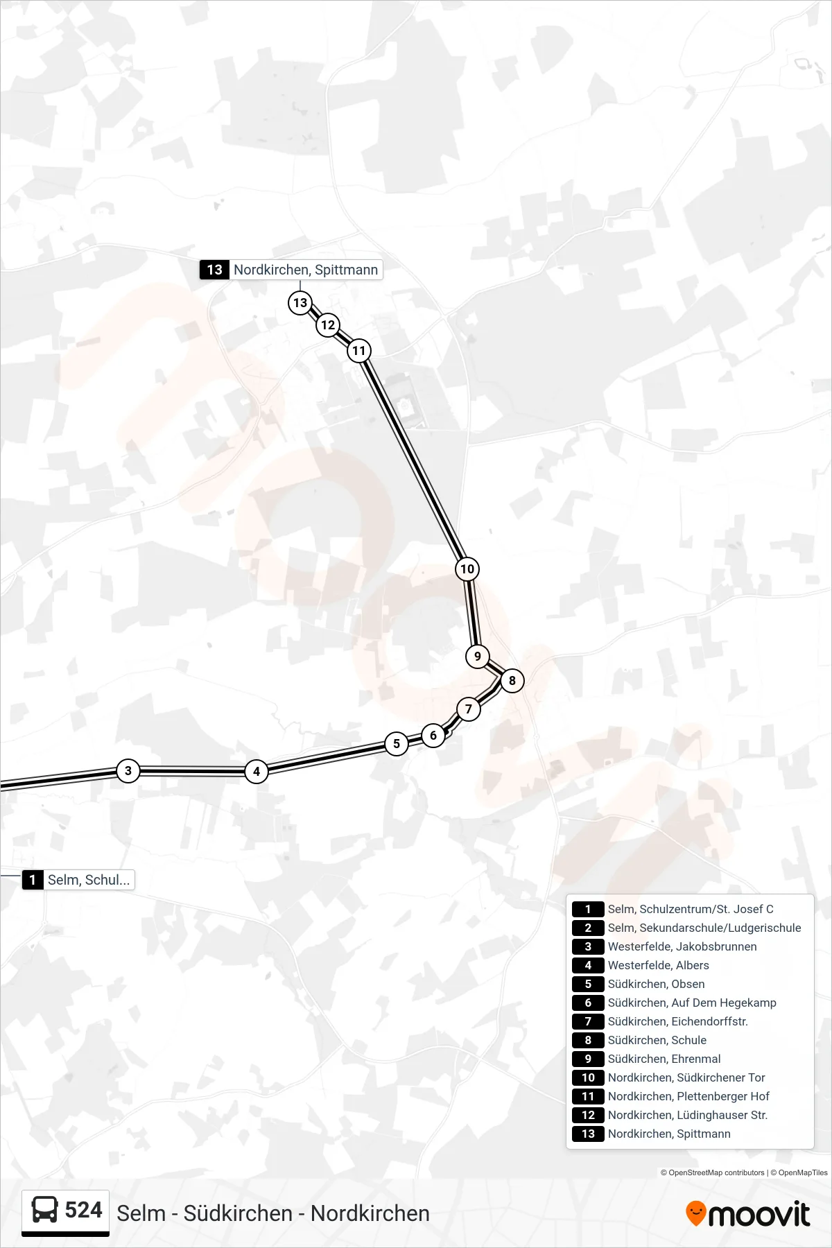 Linie 524 (Bus) Richtung Nordkirchen, Spittmann: Route und Haltestellen auf der Karte