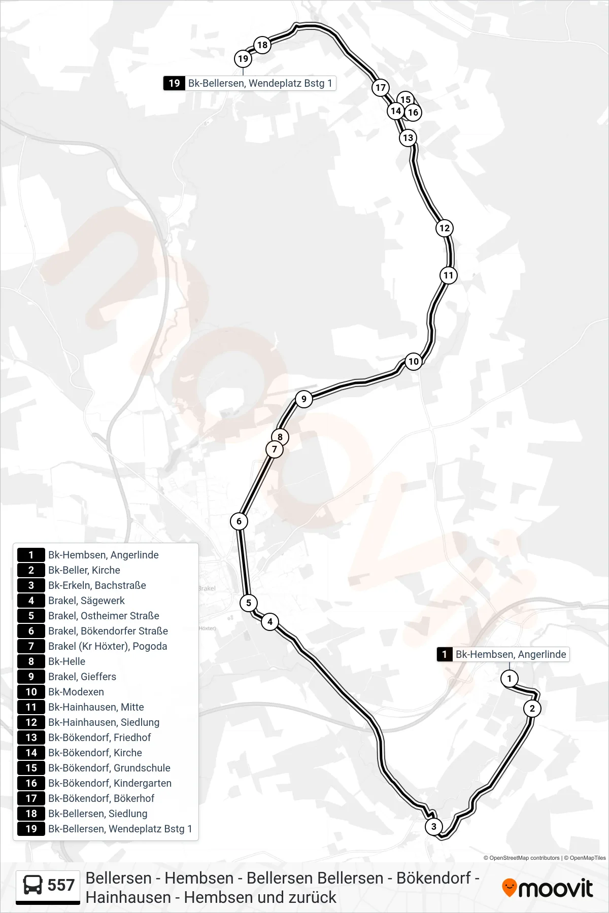 Linie 557 (Bus) Richtung Bk-Bellersen, Wendeplatz Bstg 1: Route und Haltestellen auf der Karte