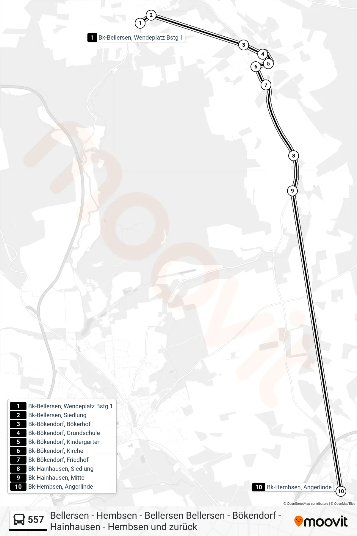 557 bus Line (Bk-Hembsen, Angerlinde) route and stops on a map