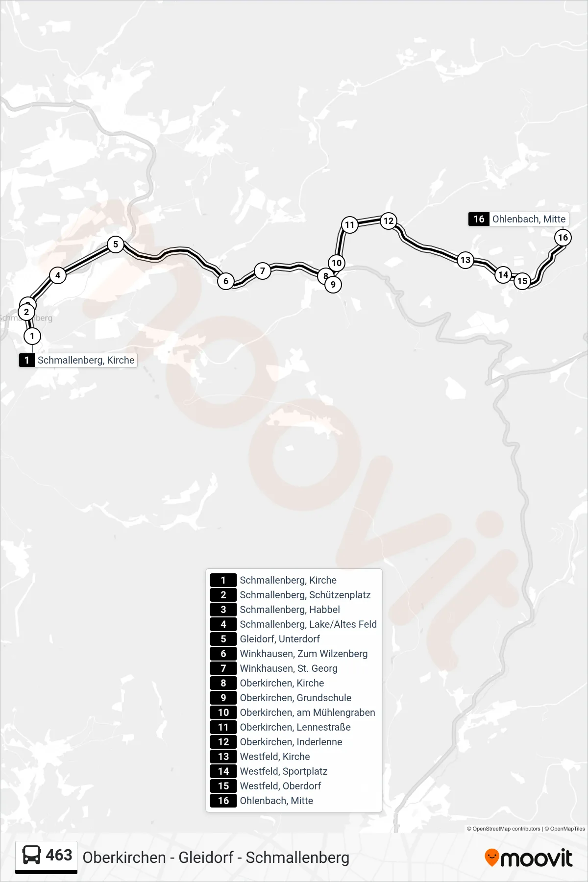 463 bus Line (Ohlenbach, Mitte) route and stops on a map