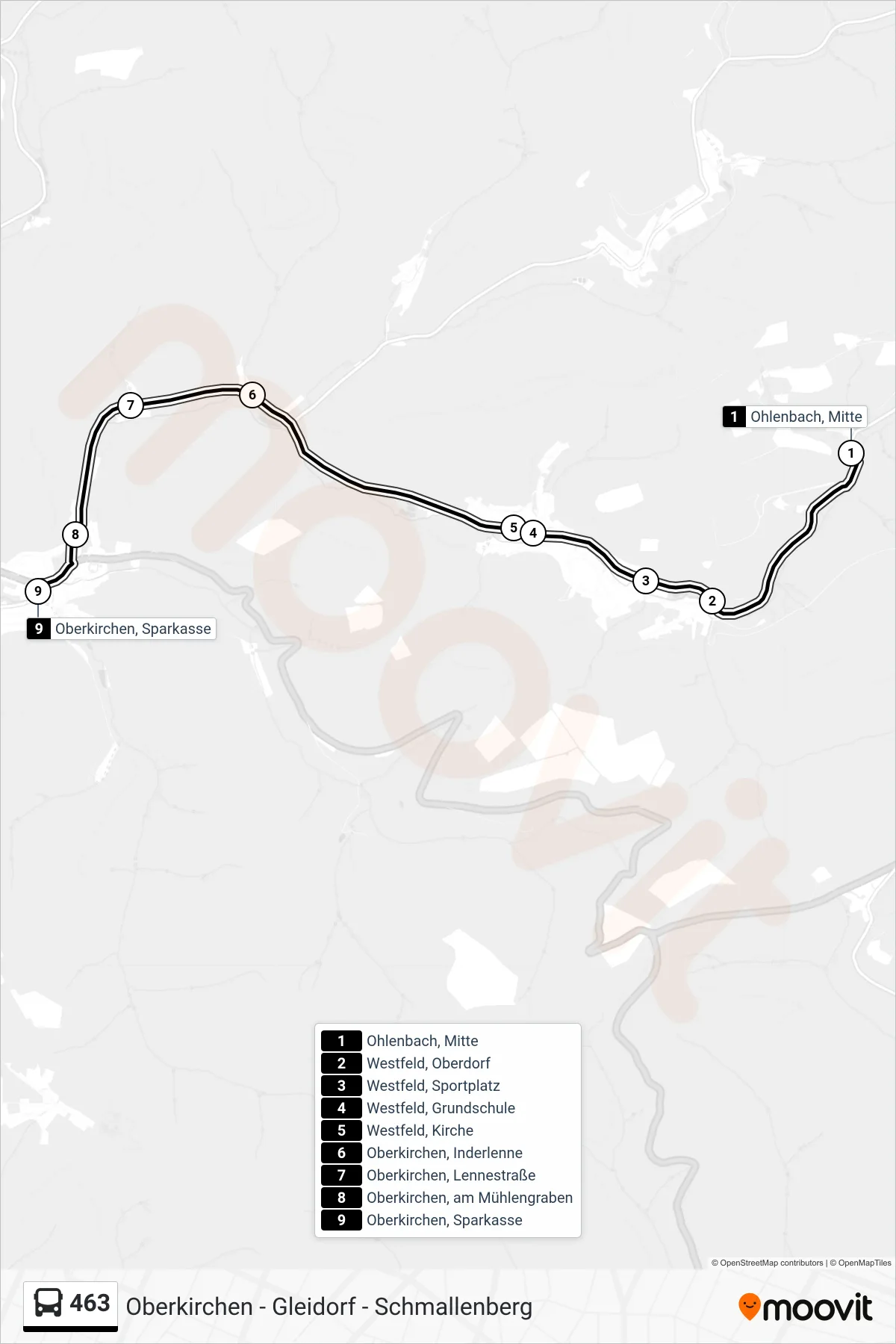 463 bus Line (Oberkirchen, Sparkasse) route and stops on a map
