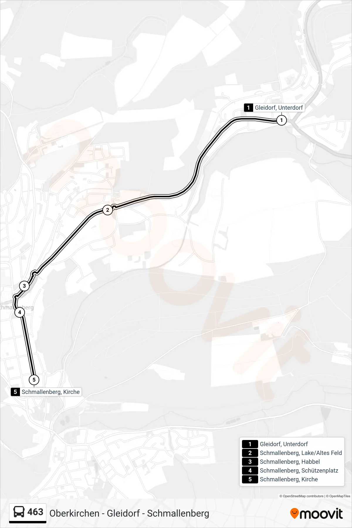 463 bus Line (Schmallenberg, Kirche) route and stops on a map