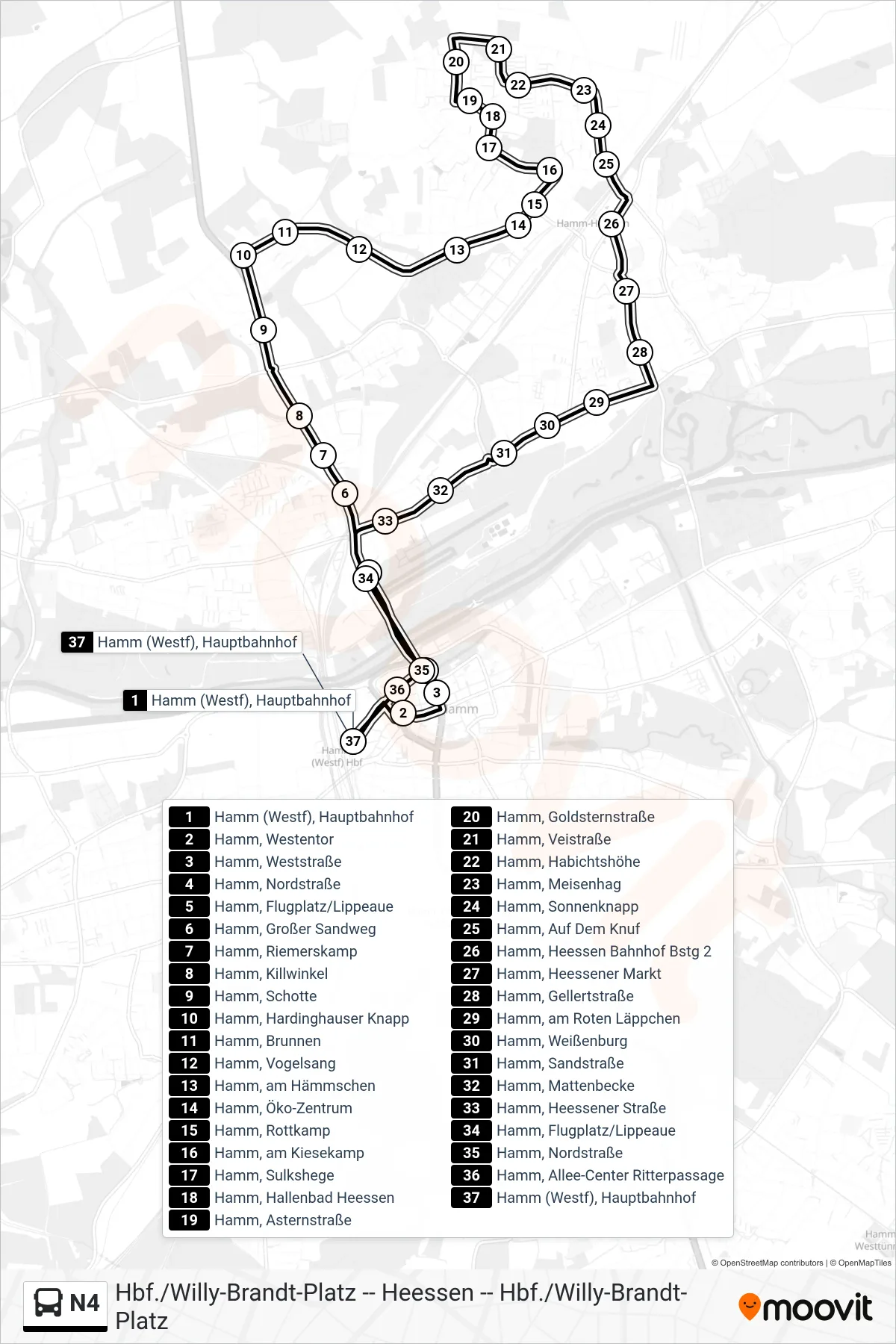 Linie N4 (Bus) Richtung Hamm (Westf), Hauptbahnhof Bstg 6: Route und Haltestellen auf der Karte